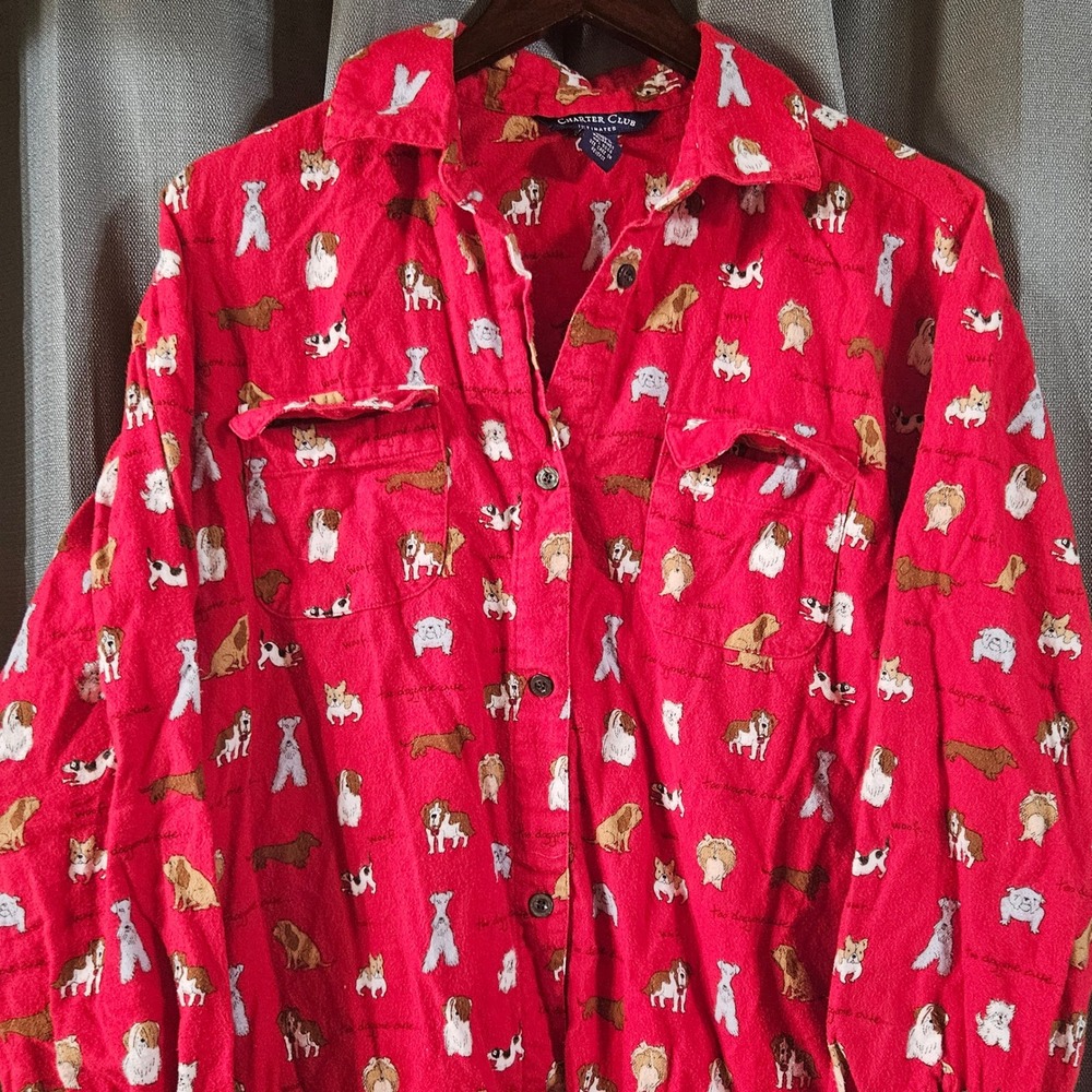 Charter‎ Club Red Cotton Flannel Dog Print Nightgown Sleep Shirt Womens Small
